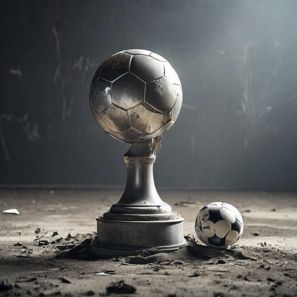 축구 트로피가 퇴색하고 축구공이 바람이 빠진 채 황량한 포디움 위에 방치되어 영광의 순간이 시들어가는 모습을 상징적으로 표현한 이미지입니다.