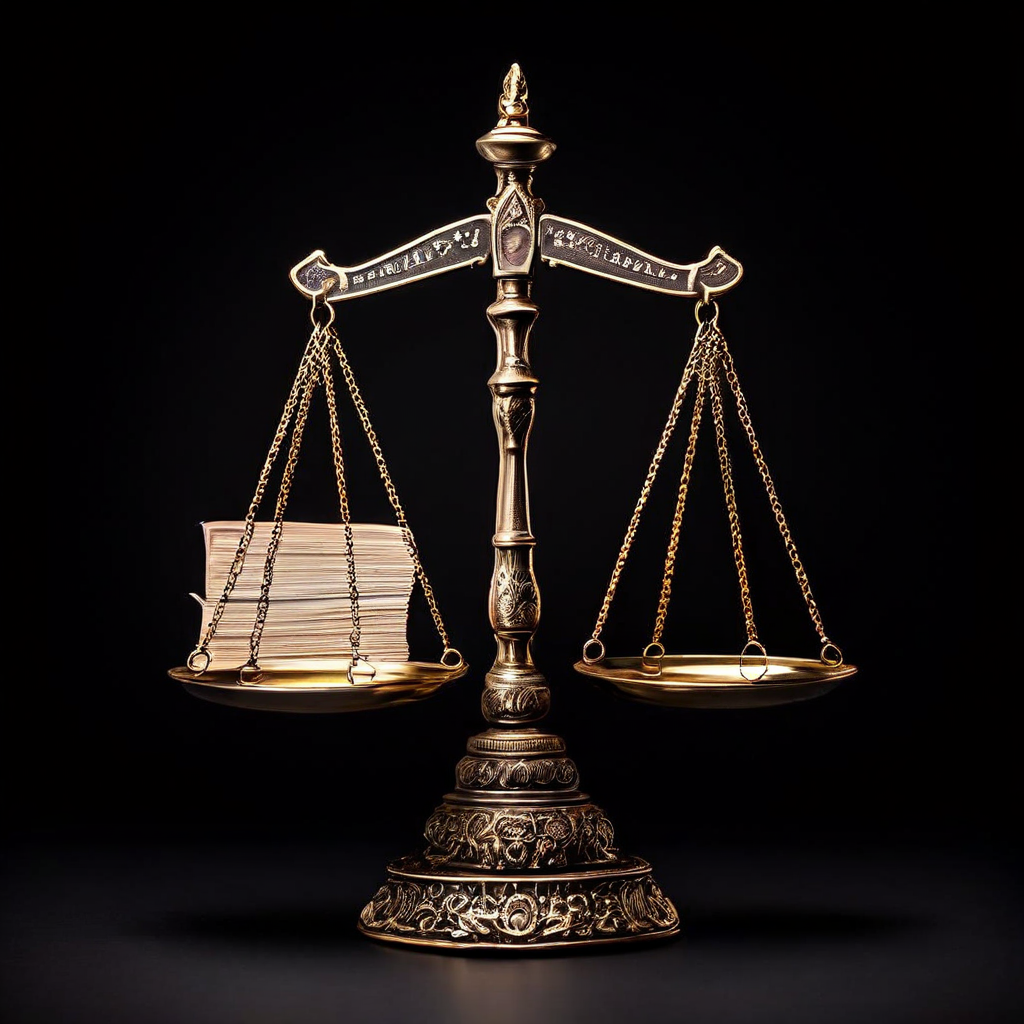 정당성의 이중 기준인 합법성과 비례성을 상징적으로 표현한 법률 책과 무게추가 각각 올려진 균형 잡힌 저울의 이미지입니다.