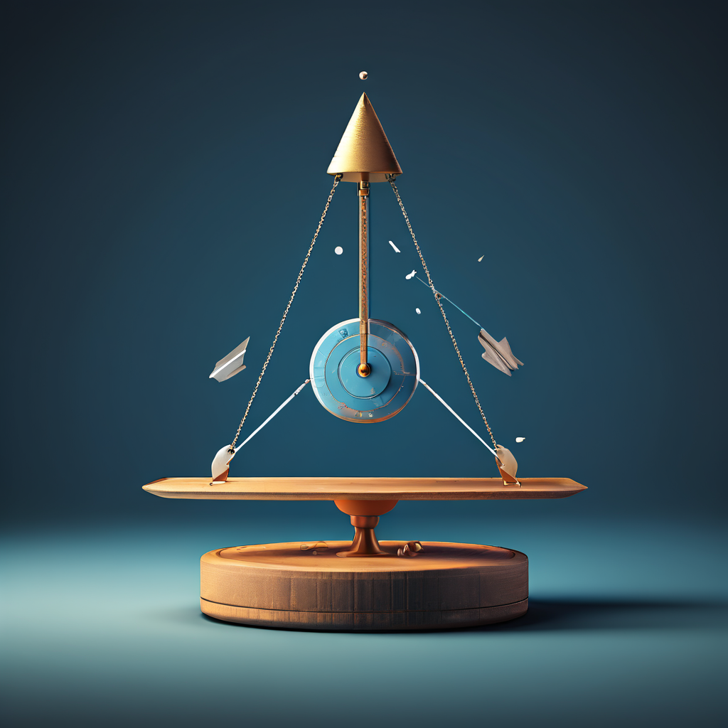 불균형한 무게가 저울 한쪽을 짓누르는 반면, 반대편의 화살표들은 멀리 떨어진 별도의 목표를 향해 팽팽하게 당겨지는 개념적 이미지로, 목표와 현실 간의 불일치나 자원 분배의 왜곡을 상징적으로 표현합니다.