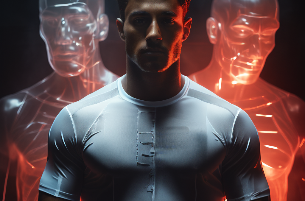 피로에 지친 운동선수가 고된 훈련을 버거워하는 모습과 그 뒤로 겹쳐진 휴식이 충분한 강력한 자신의 환영적 모습이 대조를 이루며 정신적, 육체적 회복의 필요성을 상징적으로 표현한 이미지입니다.