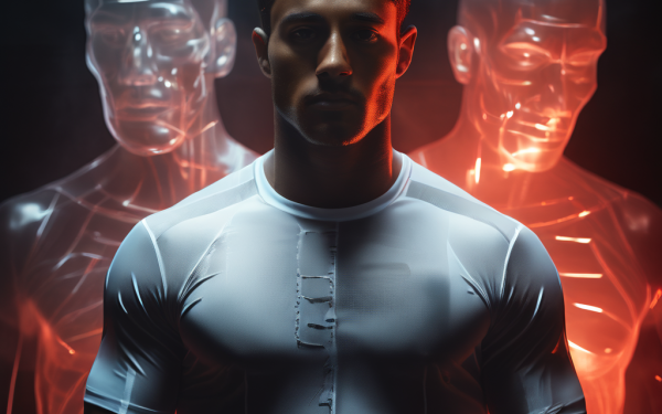 피로에 지친 운동선수가 고된 훈련을 버거워하는 모습과 그 뒤로 겹쳐진 휴식이 충분한 강력한 자신의 환영적 모습이 대조를 이루며 정신적, 육체적 회복의 필요성을 상징적으로 표현한 이미지입니다.