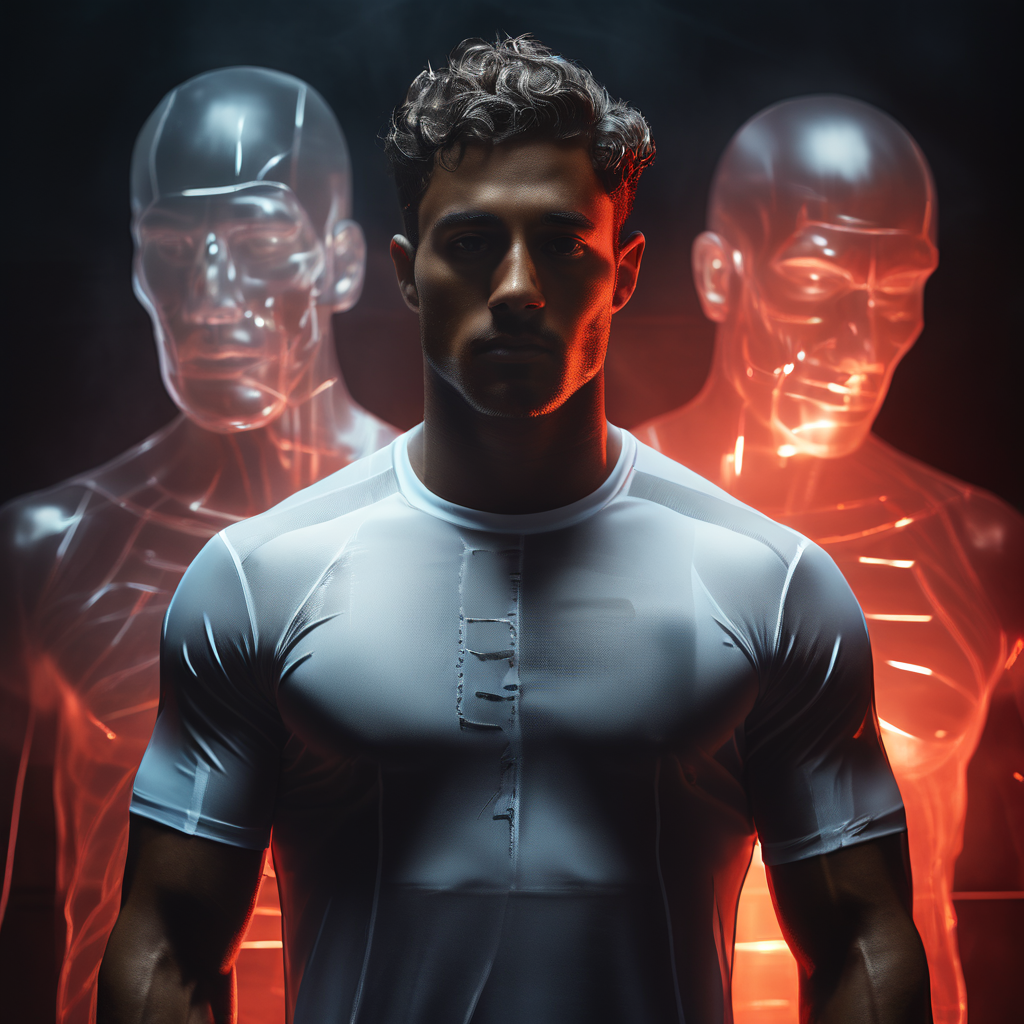 피로에 지친 운동선수가 고된 훈련을 버거워하는 모습과 그 뒤로 겹쳐진 휴식이 충분한 강력한 자신의 환영적 모습이 대조를 이루며 정신적, 육체적 회복의 필요성을 상징적으로 표현한 이미지입니다.