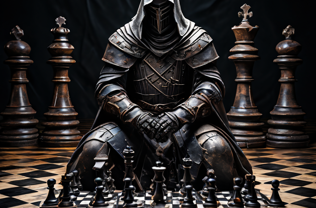 한 기사가 예측 가능한 패턴으로 같은 체스 말이 반복적으로 잡히는 체스판을 응시하며 전략적 실패와 고립감을 깊이 생각하는 모습을 담은 이미지입니다.