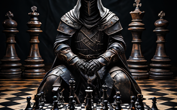 한 기사가 예측 가능한 패턴으로 같은 체스 말이 반복적으로 잡히는 체스판을 응시하며 전략적 실패와 고립감을 깊이 생각하는 모습을 담은 이미지입니다.