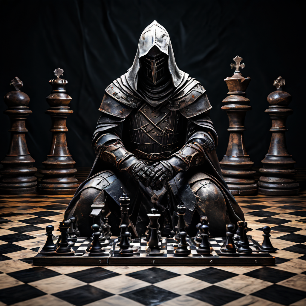 한 기사가 예측 가능한 패턴으로 같은 체스 말이 반복적으로 잡히는 체스판을 응시하며 전략적 실패와 고립감을 깊이 생각하는 모습을 담은 이미지입니다.