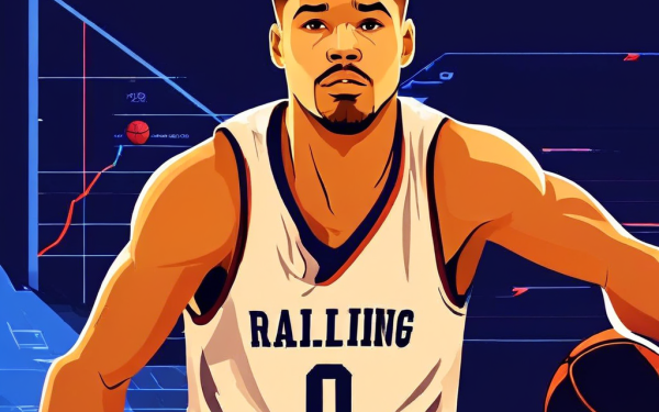 연속 경기로 체력이 저하된 농구 선수가 실패한 슛에 좌절한 표정을 짓고 있으며, 코트 위에 중첩된 하락 곡선 그래프가 낮아지는 슛 성공률을 추적하고 있습니다.