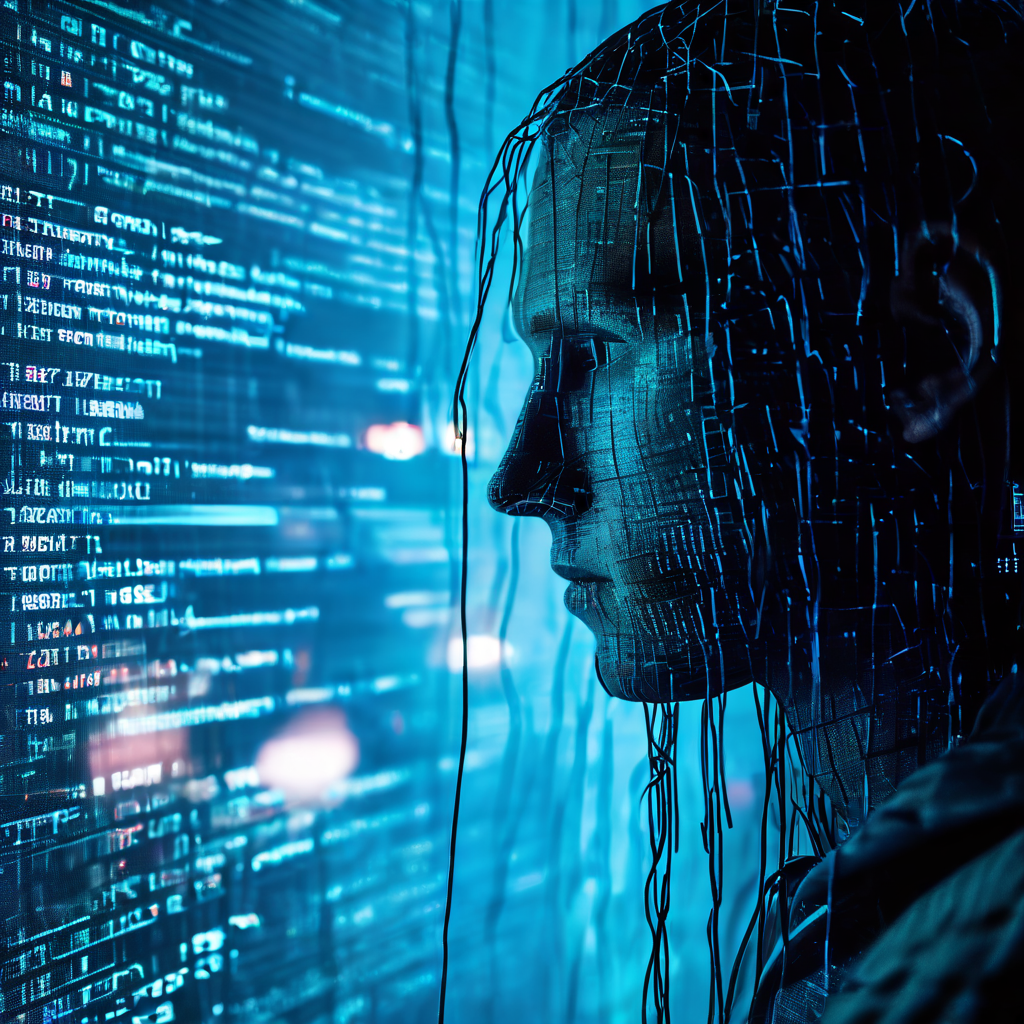 디지털 시대의 정체성 혼란과 정신적 소진을 상징적으로 표현한 이미지로, 사람의 머리가 깨진 컴퓨터 모니터로 변형되어 오류 메시지와 뒤엉킨 코드를 표시하며 연결이 끊어진 선이 흔들리고 있습니다.