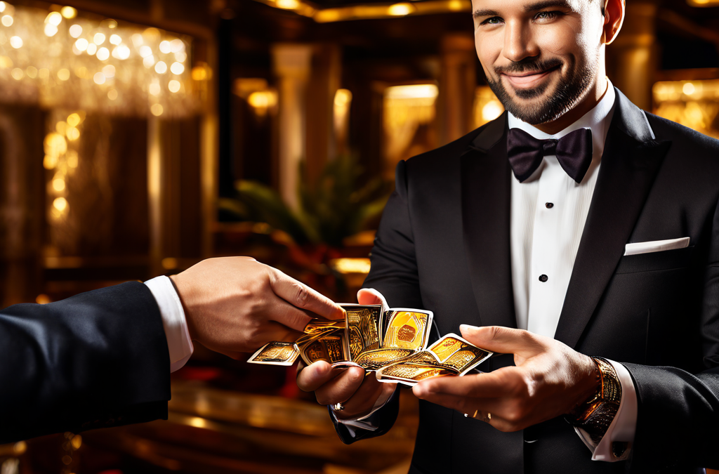 카지노에서 고액 베팅을 하는 VIP 회원이 관리자의 손으로부터 전략적 특권과 독점적 승인을 상징하는 황금 VIP 카드를 수여받는 장면을 묘사한 이미지입니다.