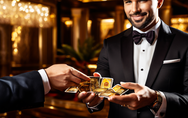 카지노에서 고액 베팅을 하는 VIP 회원이 관리자의 손으로부터 전략적 특권과 독점적 승인을 상징하는 황금 VIP 카드를 수여받는 장면을 묘사한 이미지입니다.