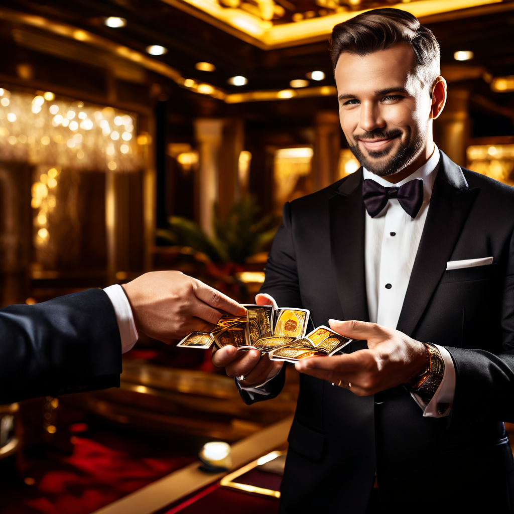 카지노에서 고액 베팅을 하는 VIP 회원이 관리자의 손으로부터 전략적 특권과 독점적 승인을 상징하는 황금 VIP 카드를 수여받는 장면을 묘사한 이미지입니다.