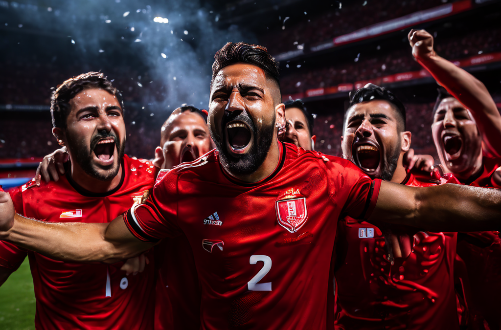 승리를 확정지은 막판 결승골을 넣고 붉은 유니폼을 입은 축구 선수들이 열광적으로 기뻐하고 있으며, 상대팀은 실망에 빠진 모습 위로 유령 같은 손이 고춧가루를 뿌리는 초자연적인 장면을 담은 이미지입니다.