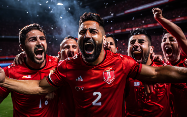 승리를 확정지은 막판 결승골을 넣고 붉은 유니폼을 입은 축구 선수들이 열광적으로 기뻐하고 있으며, 상대팀은 실망에 빠진 모습 위로 유령 같은 손이 고춧가루를 뿌리는 초자연적인 장면을 담은 이미지입니다.