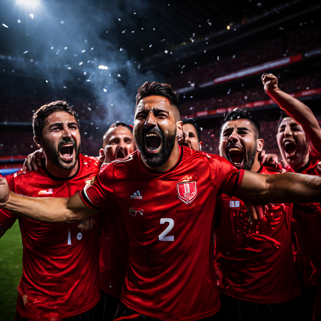 승리를 확정지은 막판 결승골을 넣고 붉은 유니폼을 입은 축구 선수들이 열광적으로 기뻐하고 있으며, 상대팀은 실망에 빠진 모습 위로 유령 같은 손이 고춧가루를 뿌리는 초자연적인 장면을 담은 이미지입니다.