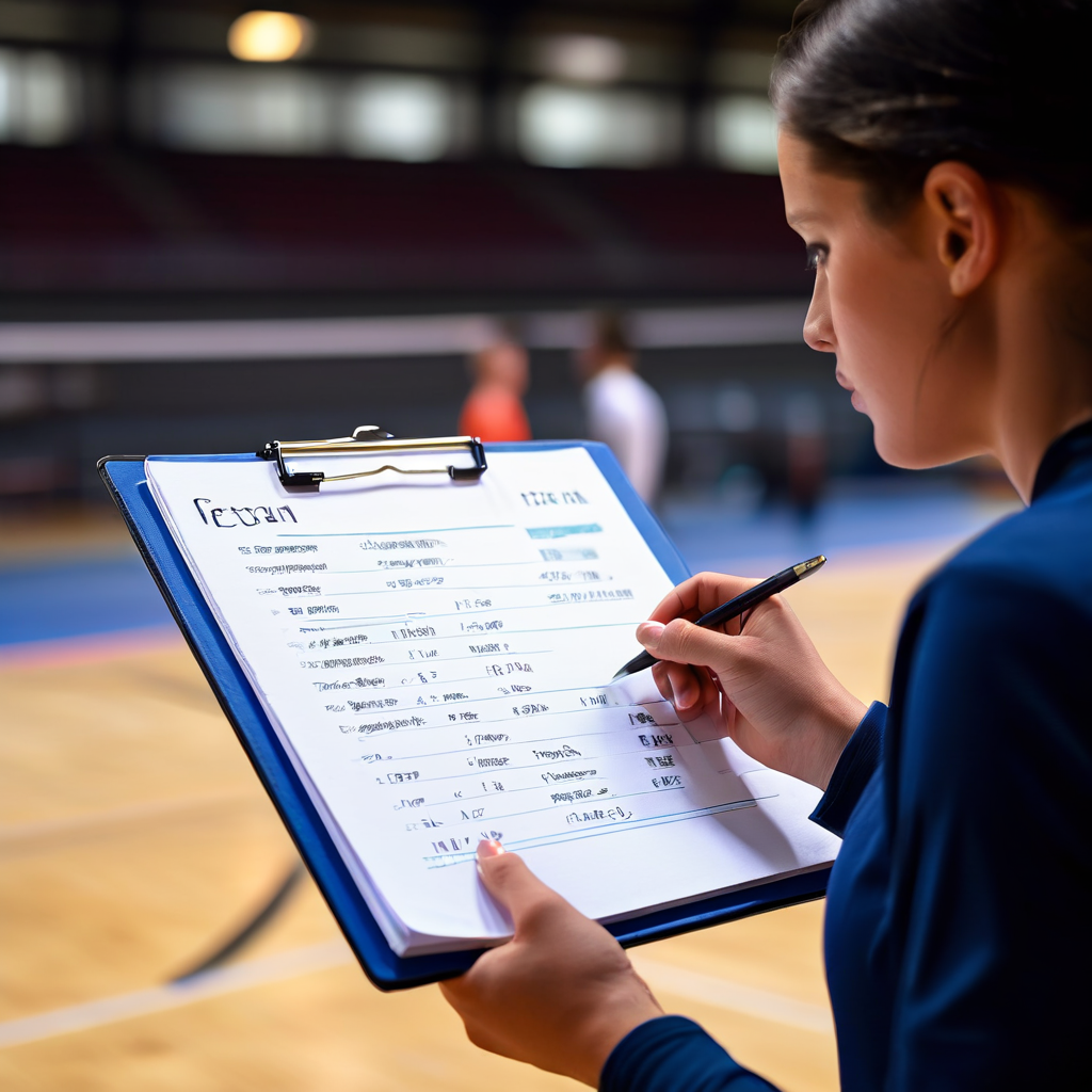 배구 경기에서 세터가 코치의 전략적 플레이를 효과적으로 실행하기 위해 클립보드에 기록한 체크리스트를 상세히 보여주는 이미지입니다.