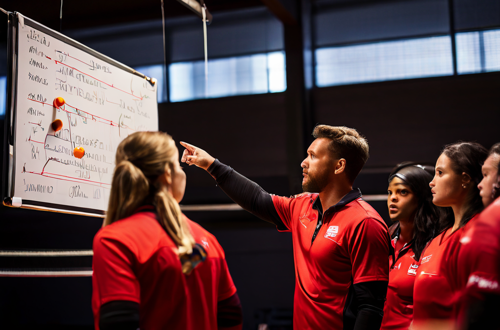 팀 타임아웃 중 배구 코치가 화이트보드의 세터 위치를 가리키며 작전을 집중적으로 설명하고 선수들이 이를 경청하는 훈련 장면입니다.