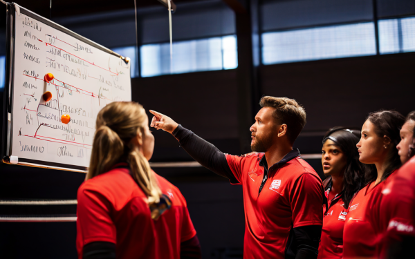 팀 타임아웃 중 배구 코치가 화이트보드의 세터 위치를 가리키며 작전을 집중적으로 설명하고 선수들이 이를 경청하는 훈련 장면입니다.