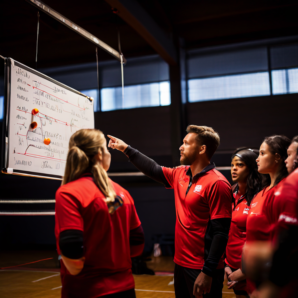 팀 타임아웃 중 배구 코치가 화이트보드의 세터 위치를 가리키며 작전을 집중적으로 설명하고 선수들이 이를 경청하는 훈련 장면입니다.