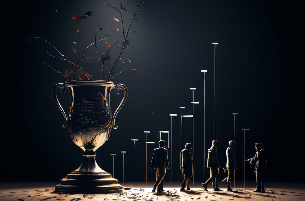 성과 부진과 관심 상실을 상징적으로 표현한 이미지로, 시장 점유율이 급락하는 그래프 옆에 시든 트로피가 놓여 있고 무관심한 군중이 경기장을 떠나고 있습니다.