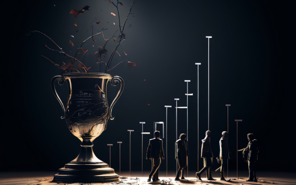 성과 부진과 관심 상실을 상징적으로 표현한 이미지로, 시장 점유율이 급락하는 그래프 옆에 시든 트로피가 놓여 있고 무관심한 군중이 경기장을 떠나고 있습니다.