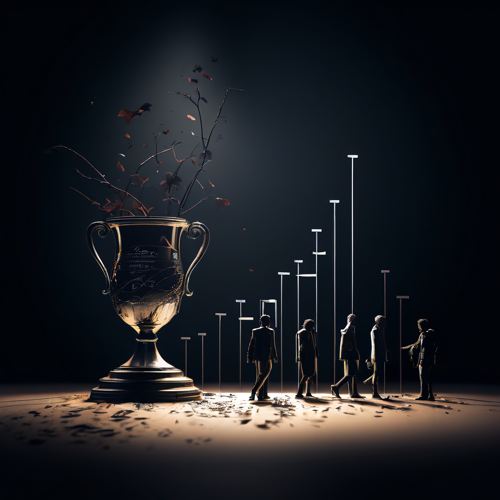 성과 부진과 관심 상실을 상징적으로 표현한 이미지로, 시장 점유율이 급락하는 그래프 옆에 시든 트로피가 놓여 있고 무관심한 군중이 경기장을 떠나고 있습니다.