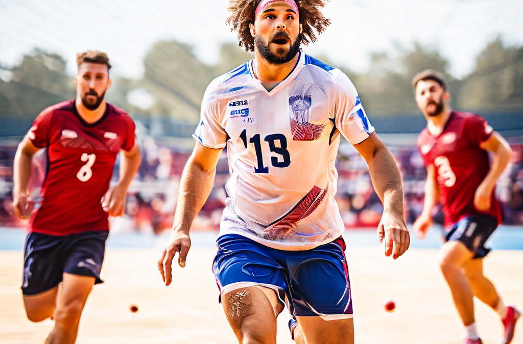 혼란스러워하는 세터 선수가 배구 코트에서 무너진 팀 포메이션과 흐릿한 동료 선수들을 향해 혼란의 에너지가 퍼져 나가는 장면을 표현한 이미지입니다.