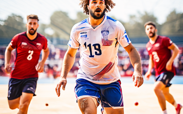 혼란스러워하는 세터 선수가 배구 코트에서 무너진 팀 포메이션과 흐릿한 동료 선수들을 향해 혼란의 에너지가 퍼져 나가는 장면을 표현한 이미지입니다.