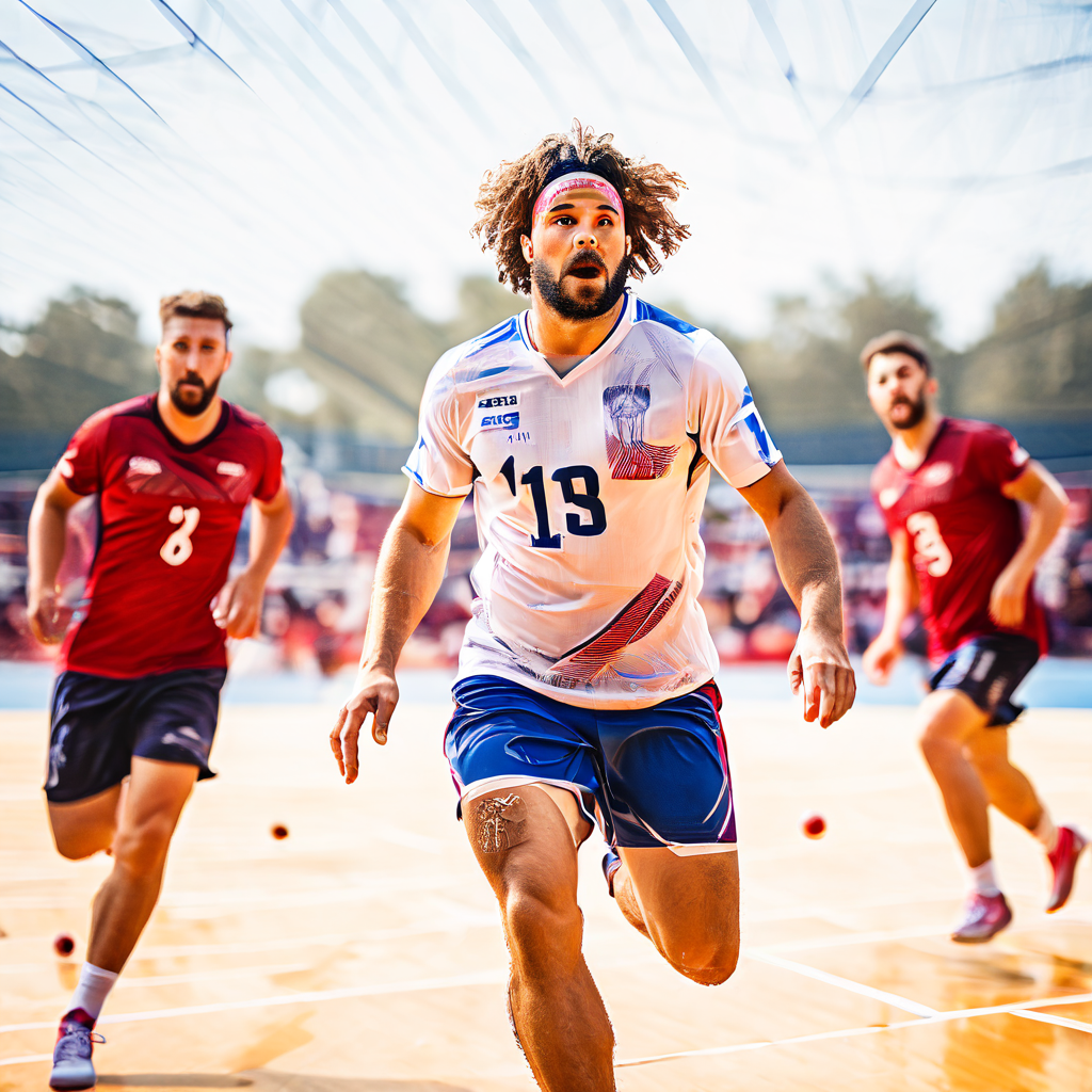 혼란스러워하는 세터 선수가 배구 코트에서 무너진 팀 포메이션과 흐릿한 동료 선수들을 향해 혼란의 에너지가 퍼져 나가는 장면을 표현한 이미지입니다.