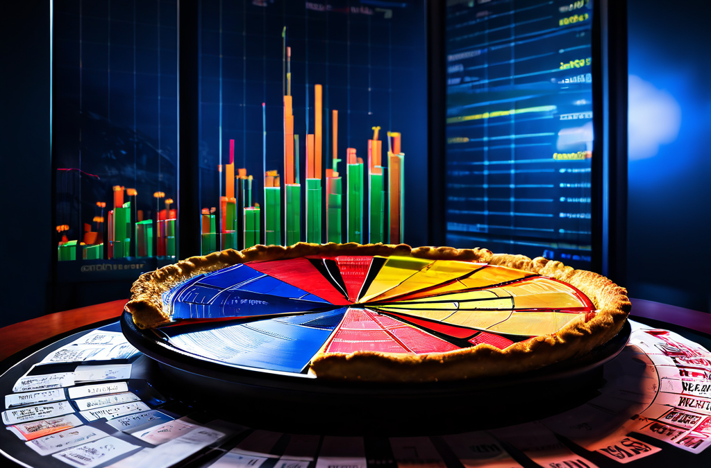 스포츠북의 재무 차트가 급락하는 모습과 심판의 오심이 시장 점유율 파이 차트를 산산조각 내는 모습을 통해 스포츠 경기 결과가 스포츠 베팅 산업에 미치는 중대한 영향을 상징적으로 보여줍니다.