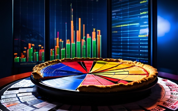 스포츠북의 재무 차트가 급락하는 모습과 심판의 오심이 시장 점유율 파이 차트를 산산조각 내는 모습을 통해 스포츠 경기 결과가 스포츠 베팅 산업에 미치는 중대한 영향을 상징적으로 보여줍니다.
