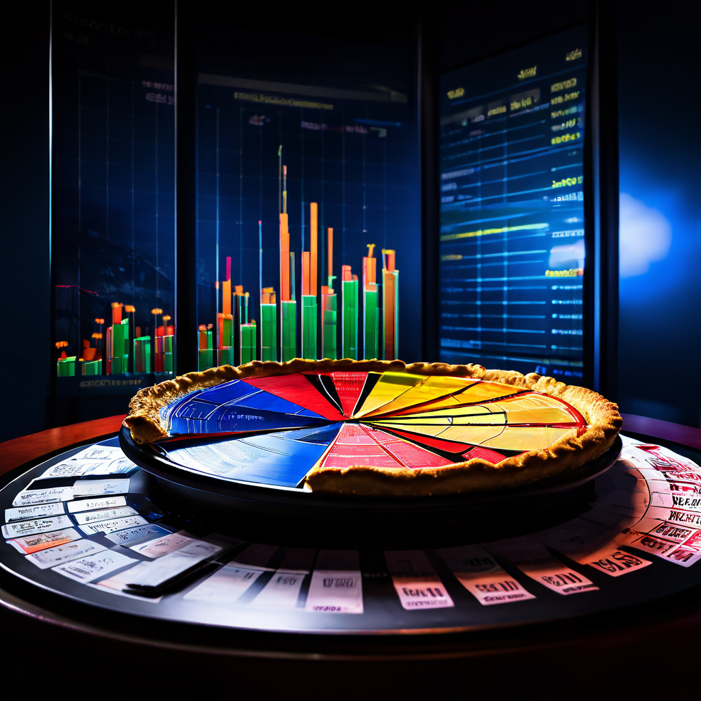스포츠북의 재무 차트가 급락하는 모습과 심판의 오심이 시장 점유율 파이 차트를 산산조각 내는 모습을 통해 스포츠 경기 결과가 스포츠 베팅 산업에 미치는 중대한 영향을 상징적으로 보여줍니다.