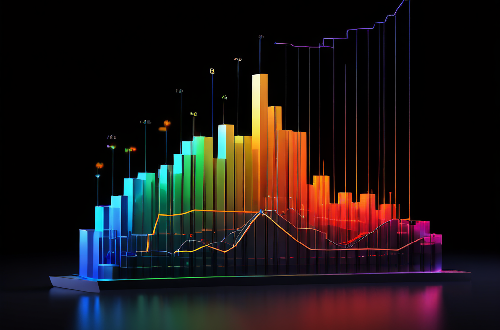 웹사이트 성장 추이를 시각화한 차트로 누적 조회수가 상승하는 3D 막대 그래프와 일별 방문자 수 변동을 나타내는 꺾은선 그래프가 주요 지표를 강조하여 배치되어 있습니다.