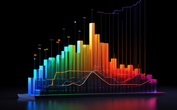 웹사이트 성장 추이를 시각화한 차트로 누적 조회수가 상승하는 3D 막대 그래프와 일별 방문자 수 변동을 나타내는 꺾은선 그래프가 주요 지표를 강조하여 배치되어 있습니다.