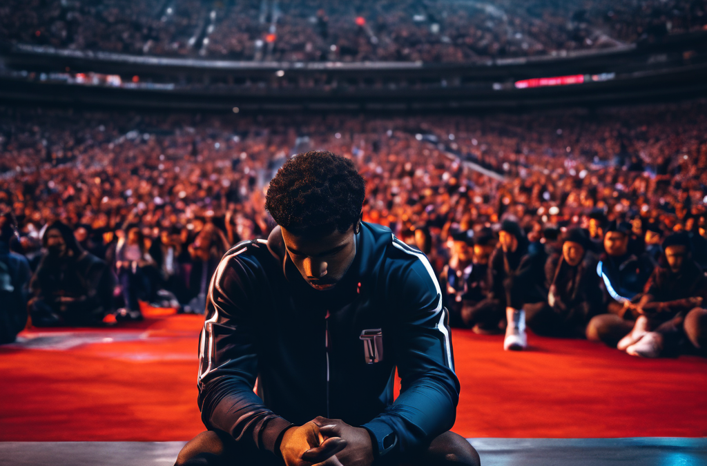 패배를 인정한 운동선수가 벤치에 홀로 앉아 고개를 숙이고 있으며, 배경의 흐릿한 관중석에는 실망한 팬들의 모습이 담긴 이미지입니다.