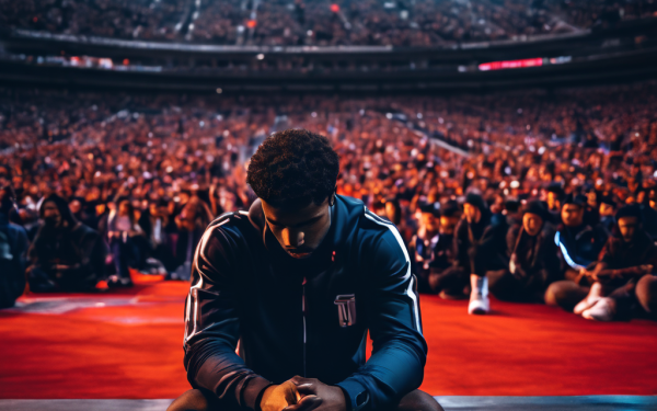패배를 인정한 운동선수가 벤치에 홀로 앉아 고개를 숙이고 있으며, 배경의 흐릿한 관중석에는 실망한 팬들의 모습이 담긴 이미지입니다.