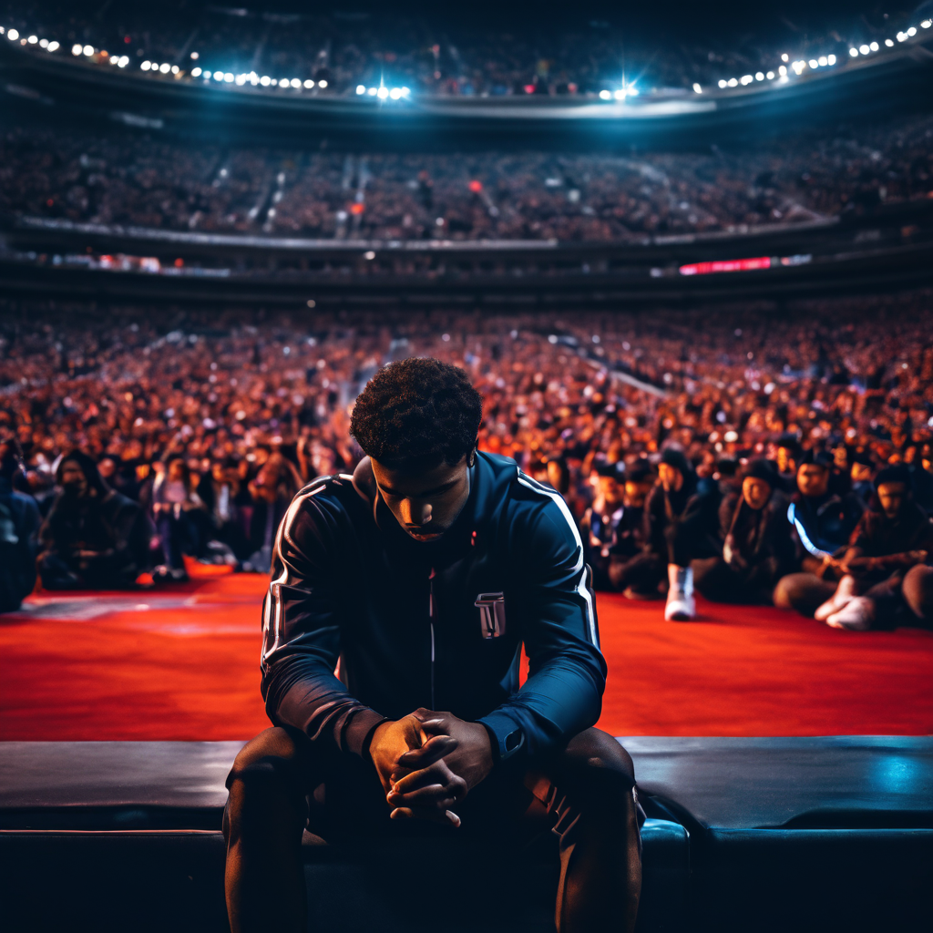 패배를 인정한 운동선수가 벤치에 홀로 앉아 고개를 숙이고 있으며, 배경의 흐릿한 관중석에는 실망한 팬들의 모습이 담긴 이미지입니다.