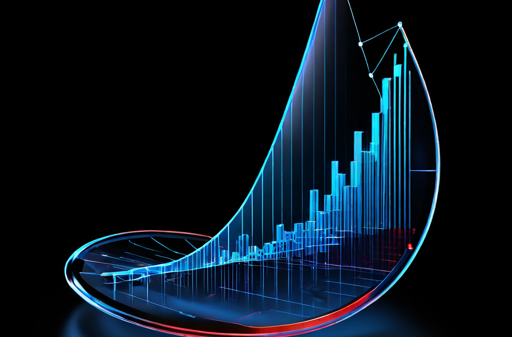 불확실성의 원뿔 안에서 변동하는 선과 가장자리로 갈수록 넓어지는 투명한 신뢰구간을 확대경으로 강조하여 통계적 예측의 개념을 시각화한 3차원 그래프 이미지입니다.