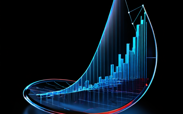불확실성의 원뿔 안에서 변동하는 선과 가장자리로 갈수록 넓어지는 투명한 신뢰구간을 확대경으로 강조하여 통계적 예측의 개념을 시각화한 3차원 그래프 이미지입니다.