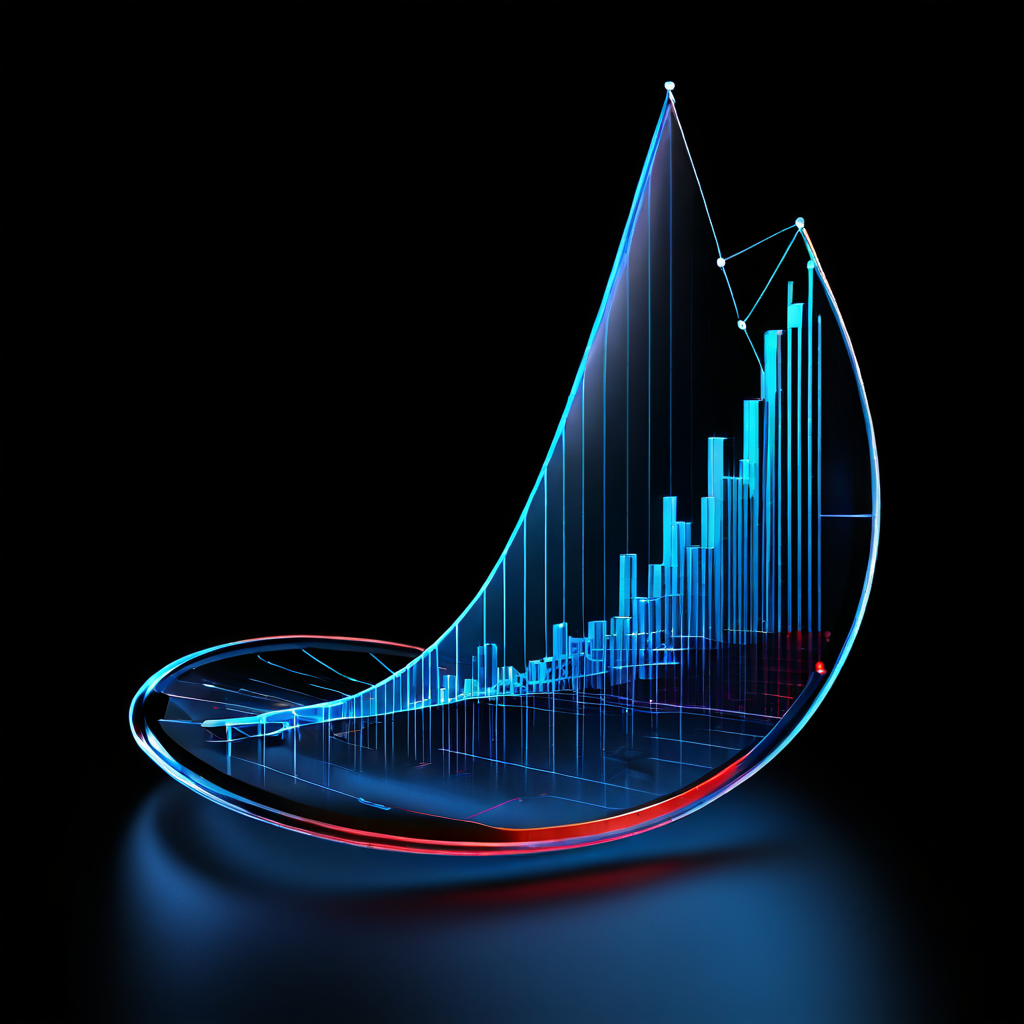 불확실성의 원뿔 안에서 변동하는 선과 가장자리로 갈수록 넓어지는 투명한 신뢰구간을 확대경으로 강조하여 통계적 예측의 개념을 시각화한 3차원 그래프 이미지입니다.