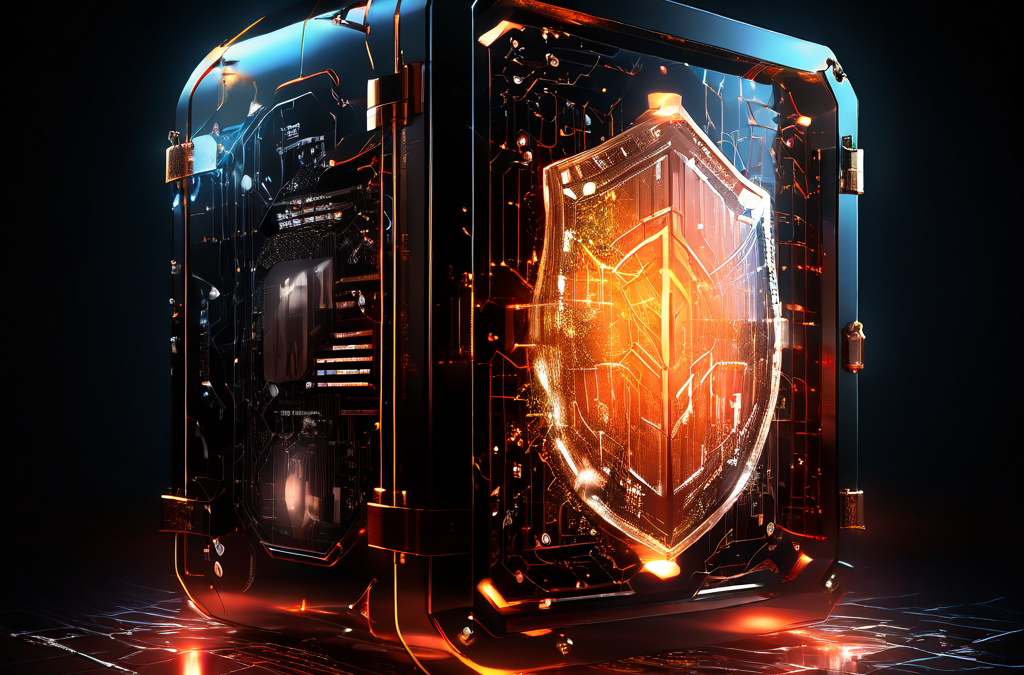 금융 데이터 보안의 중요성을 상징하는 이미지로, 빛나는 보안 장치로 보호된 디지털 금융 정보가 어두운 네트워크 다이어그램의 균열 속에서 안전하게 격리되어 있는 모습을 묘사하고 있습니다.