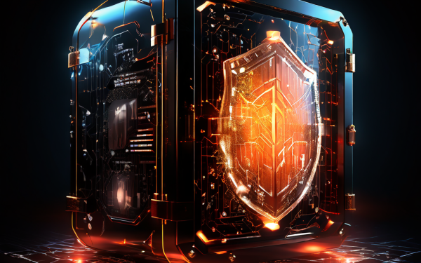 금융 데이터 보안의 중요성을 상징하는 이미지로, 빛나는 보안 장치로 보호된 디지털 금융 정보가 어두운 네트워크 다이어그램의 균열 속에서 안전하게 격리되어 있는 모습을 묘사하고 있습니다.