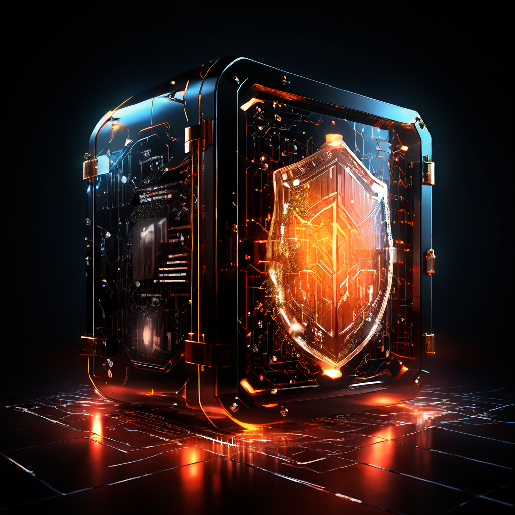 금융 데이터 보안의 중요성을 상징하는 이미지로, 빛나는 보안 장치로 보호된 디지털 금융 정보가 어두운 네트워크 다이어그램의 균열 속에서 안전하게 격리되어 있는 모습을 묘사하고 있습니다.