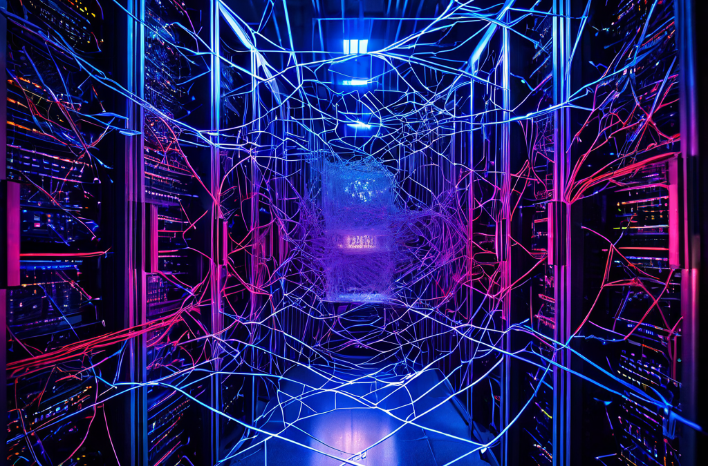 지연된 응답 화살표와 충돌하는 중복 데이터 스트림이 복잡한 서버 네트워크에서 얽힌 오류의 그물을 형성하며, 하단의 취약한 비즈니스 모델을 위협하는 상황을 묘사한 개념도입니다.