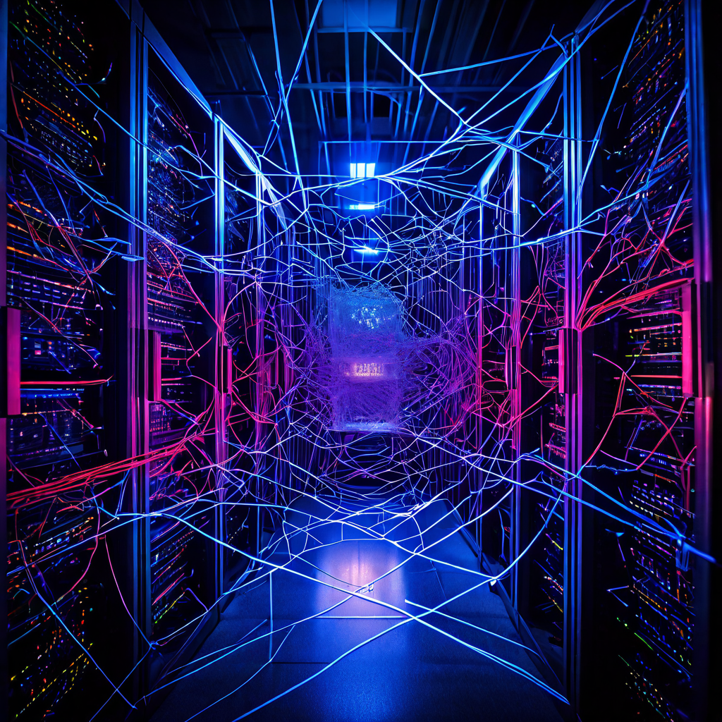 지연된 응답 화살표와 충돌하는 중복 데이터 스트림이 복잡한 서버 네트워크에서 얽힌 오류의 그물을 형성하며, 하단의 취약한 비즈니스 모델을 위협하는 상황을 묘사한 개념도입니다.