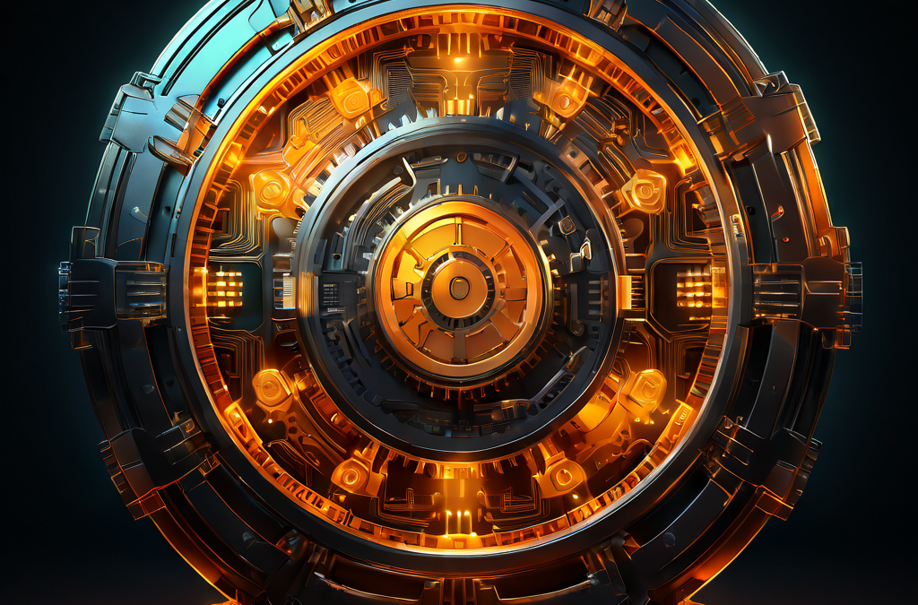 디지털 금고 보호막이 빛나는 암호화폐 코인을 지키고 있으며, 정교한 기어와 이진 코드가 상금 관리 시스템의 기술적 보안 메커니즘을 상징적으로 표현한 이미지입니다.