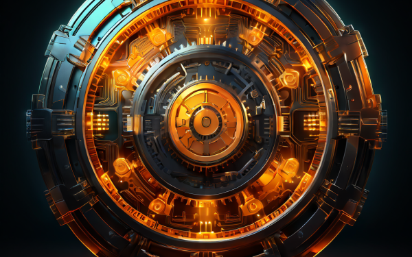 디지털 금고 보호막이 빛나는 암호화폐 코인을 지키고 있으며, 정교한 기어와 이진 코드가 상금 관리 시스템의 기술적 보안 메커니즘을 상징적으로 표현한 이미지입니다.