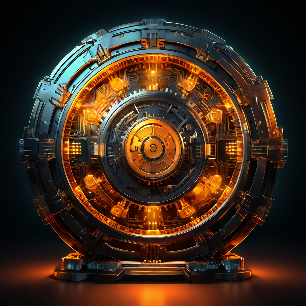 디지털 금고 보호막이 빛나는 암호화폐 코인을 지키고 있으며, 정교한 기어와 이진 코드가 상금 관리 시스템의 기술적 보안 메커니즘을 상징적으로 표현한 이미지입니다.