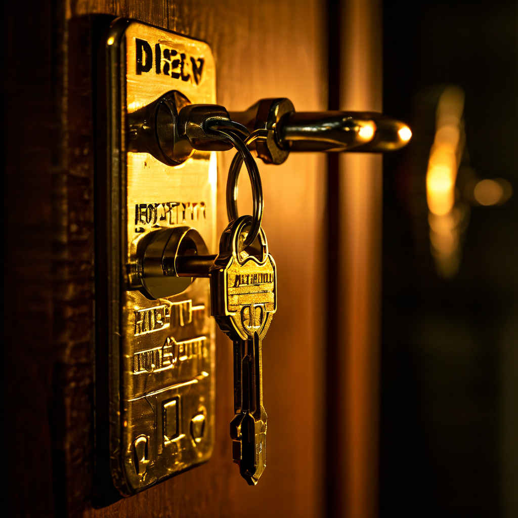 중복 거래를 방지하는 멱등성 키의 개념을 시각화한 것으로, 디지털 자물쇠가 복제된 거래 문서를 봉인하고 빛나는 멱등성 키 태그가 두 번째 키의 삽입을 막고 있습니다.