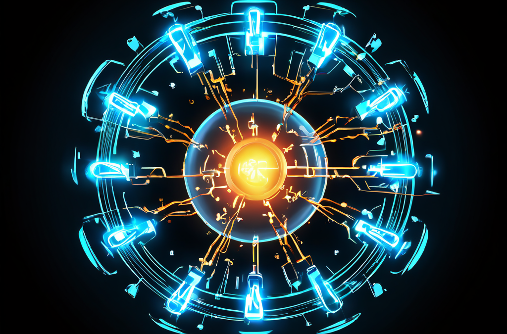 컴퓨터 마우스 커서가 빛나는 버튼을 클릭하는 순간, 하나의 접점에서 디지털 복제 아이콘들이 가지처럼 뻗어 나오는 모습을 보여주는 이미지입니다.