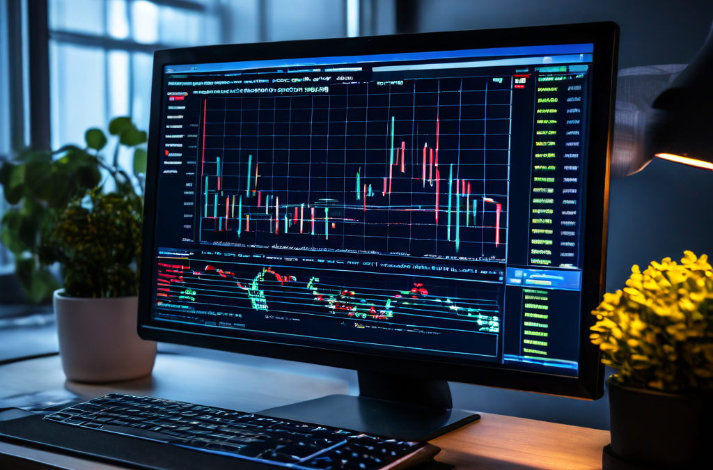 데이터 분석가의 화면에 표시된 암호화폐 거래소 차트는 인출 수수료를 강조 표시하고 최적화된 투자 전략을 화살표로 안내하는 모습을 담고 있습니다.