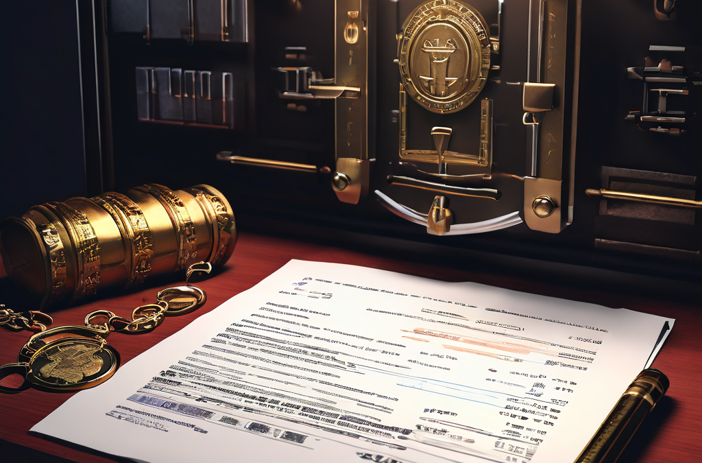 국제 송금과 디지털 자산 관리를 위한 권한 분리 원칙을 상징적으로 보여주는, 금고와 별도의 열쇠들 옆에 놓인 법적 문서 이미지입니다.